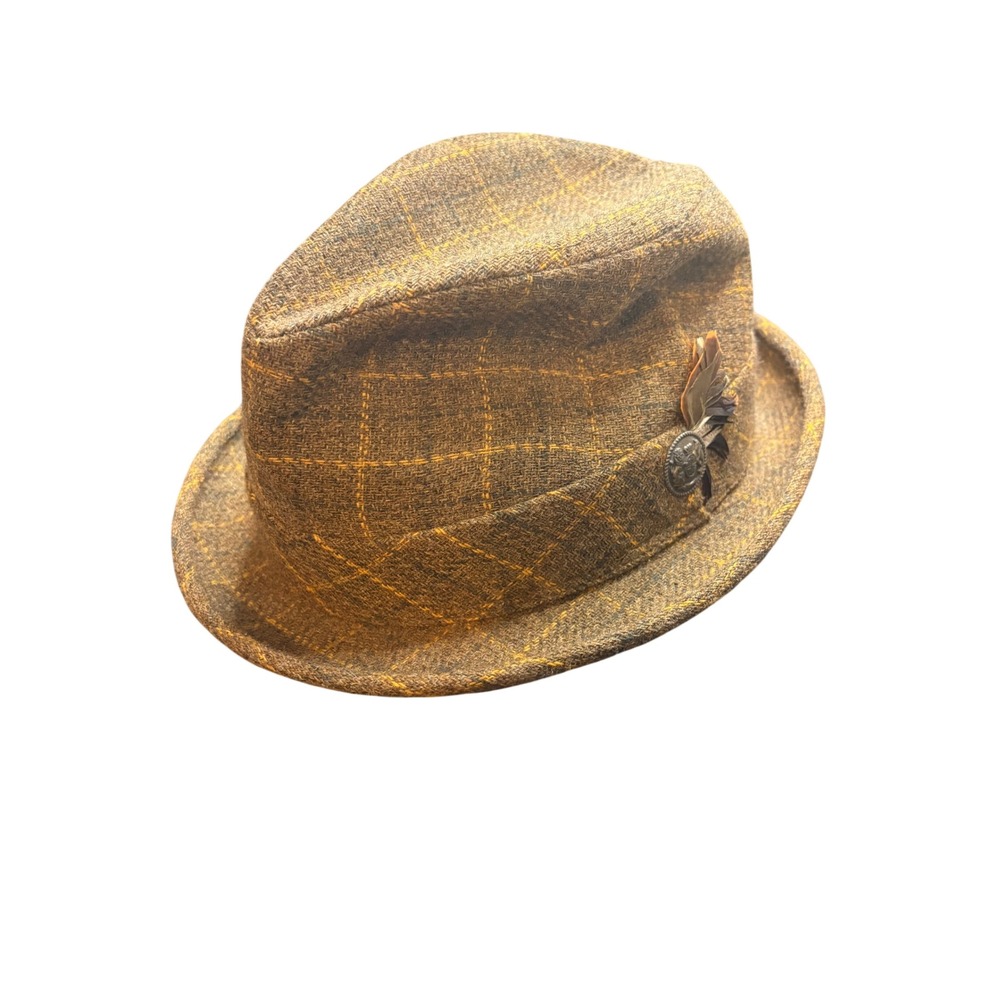Vintage Union Made Wool Blend Windowpane Fedora Hat Brown Orange Size 7 1/8